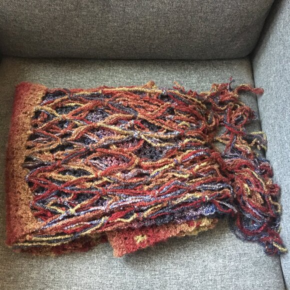 Hand Crocheted Red Tan Purple Pink Blue Boucle Extra Long Net Fringed Scarf - Picture 10 of 15